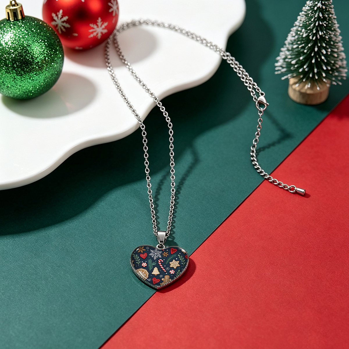 Heart Pendant Stainless Steel Necklace with Christmas Pattern